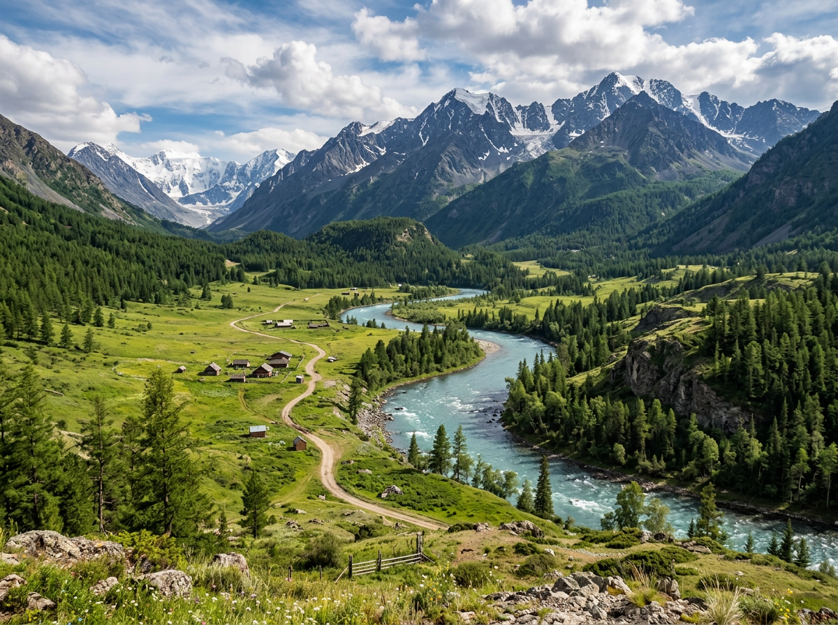 Winding river flowing through green mountain valley with village and snow-capped peaks