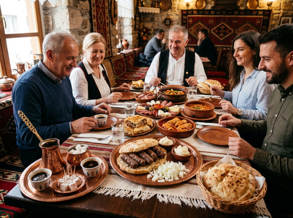 Group of five adults sharing a traditional Balkan meal with grilled meat, bread, and assorted dishes