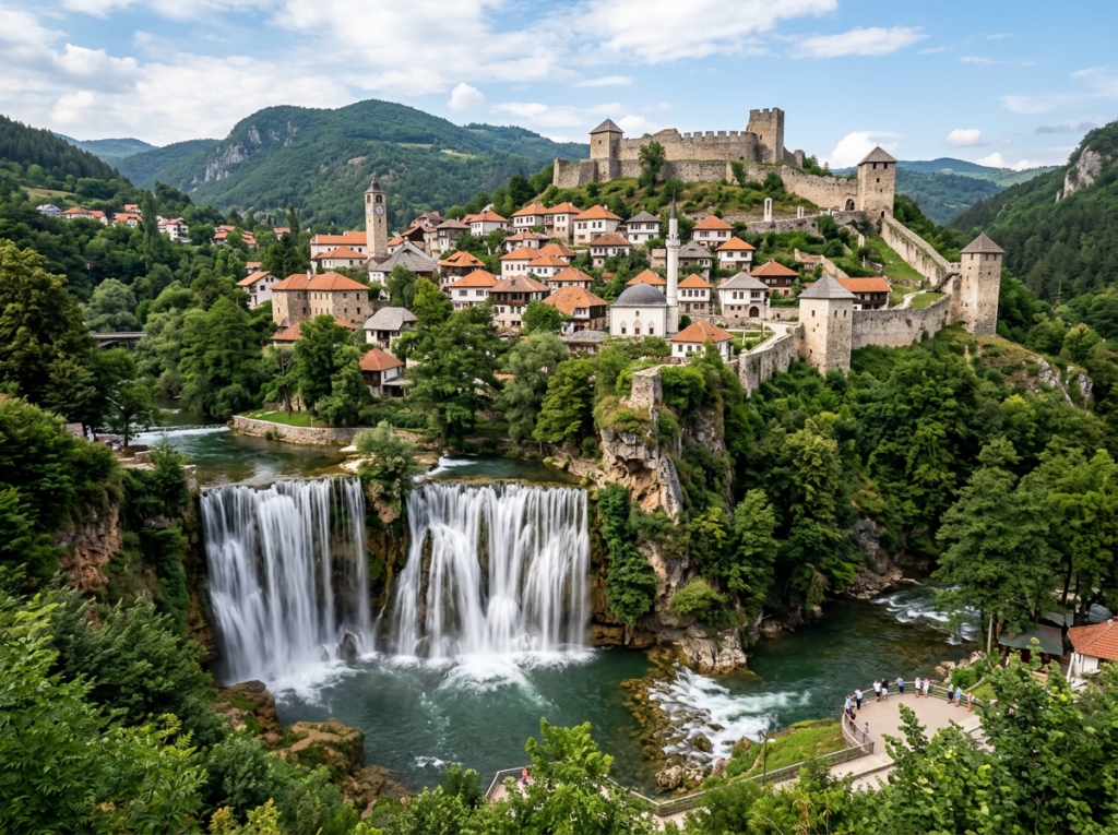 Medieval fortress and village by a large waterfall with forested hills