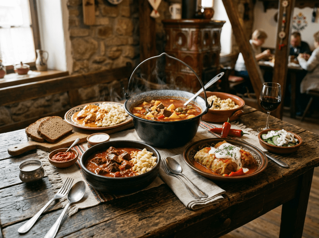 Hungarian dishes on rustic table