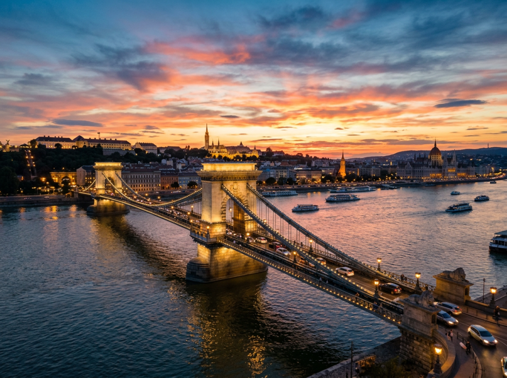 Chain Bridge over Danube at sunset