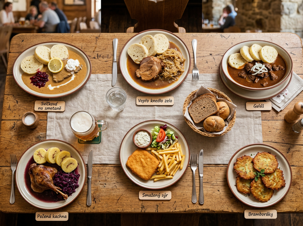 Czech dishes collage on rustic table