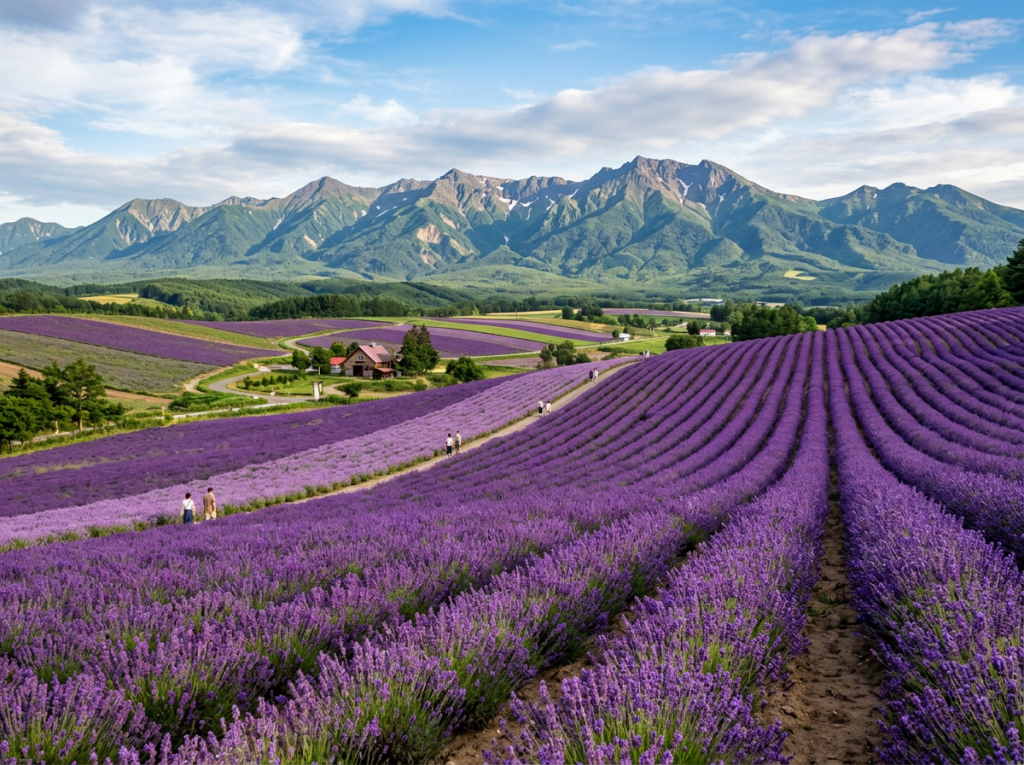 Hokkaido lavender fields and mountains