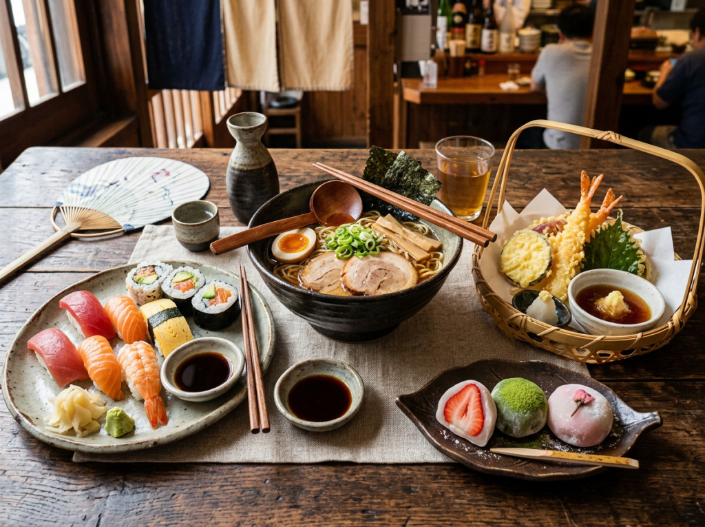 Japanese dishes sushi ramen tempura mochi