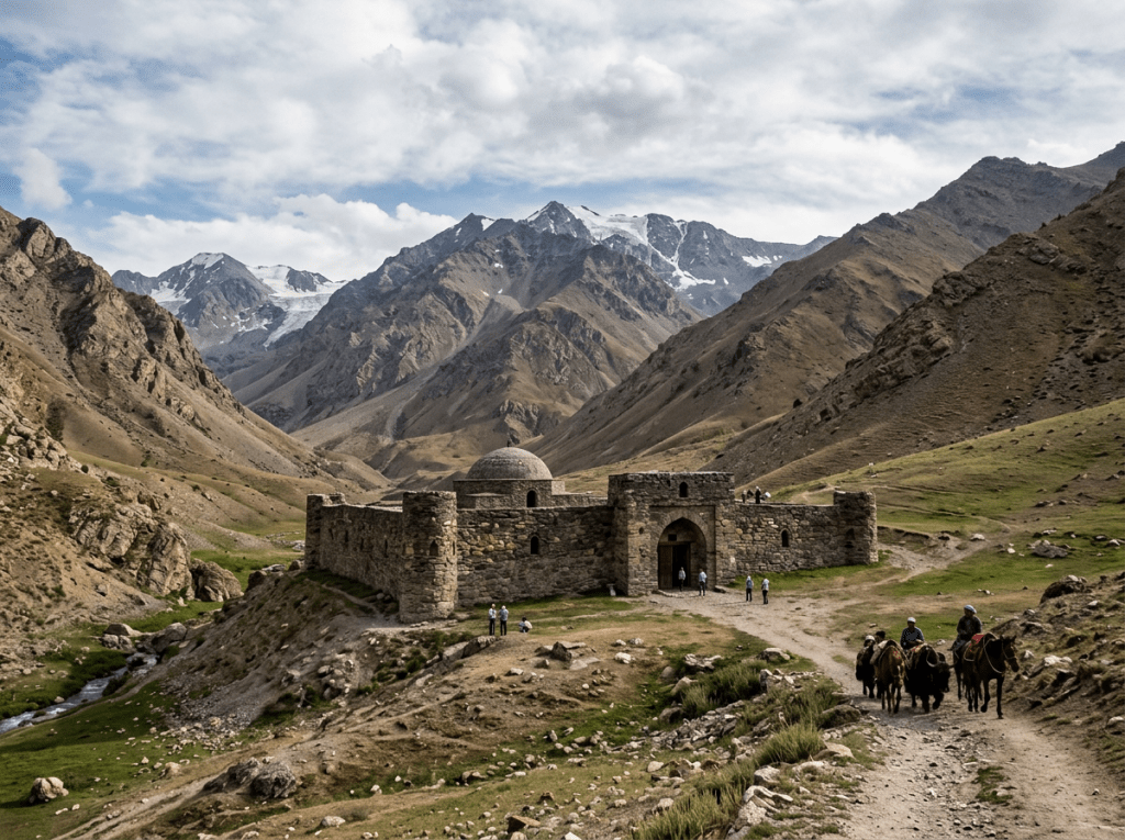 Tash Rabat stone caravanserai in mountains