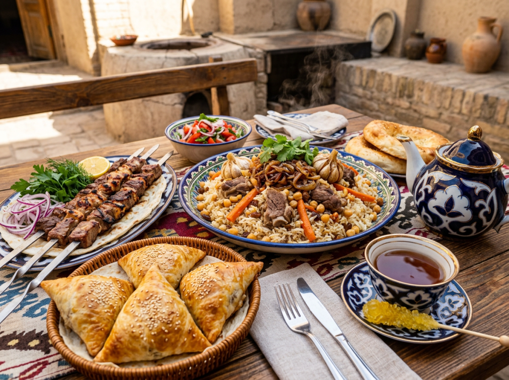 Uzbek plov, shashlik, samsa, navat tea