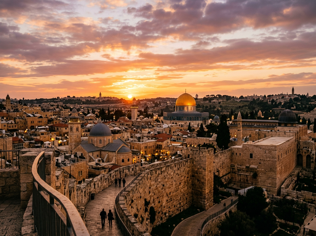 Jerusalem cityscape at sunset with Dome of the Rock prominent