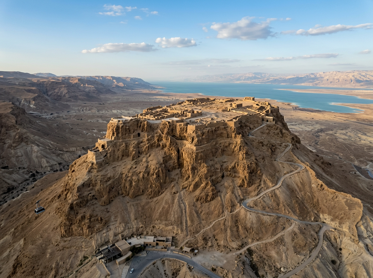 Masada fortress on desert plateau overlooking Dead Sea and surrounding mountains