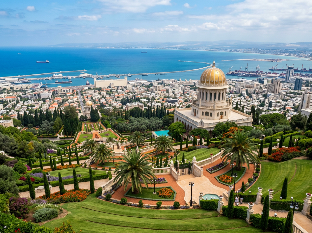 Bahá'í Gardens with golden-domed Shrine overlooking Haifa city and port