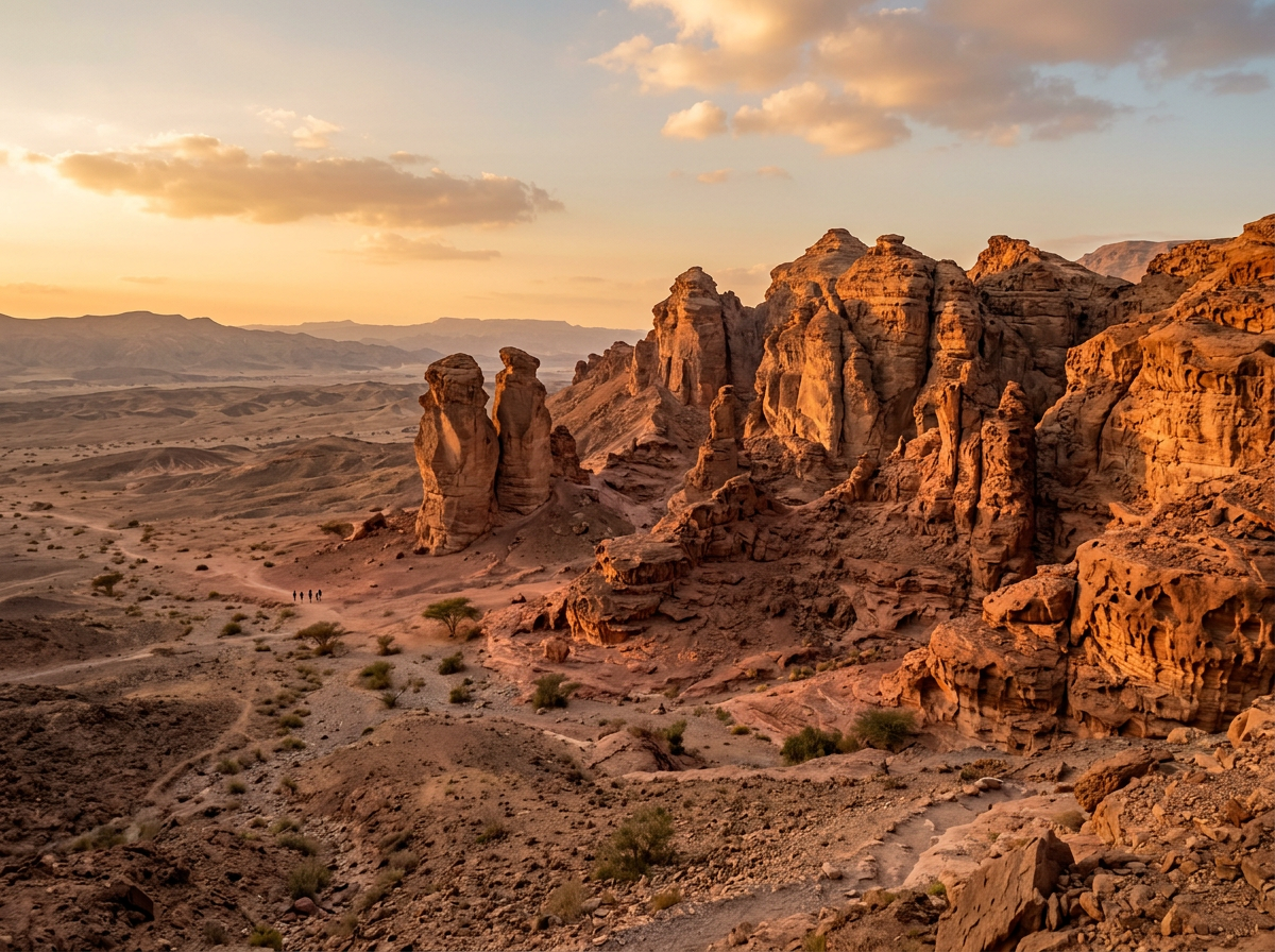 Desert landscape with tall orange rock formations and distant mountains under cloudy sky at sunset