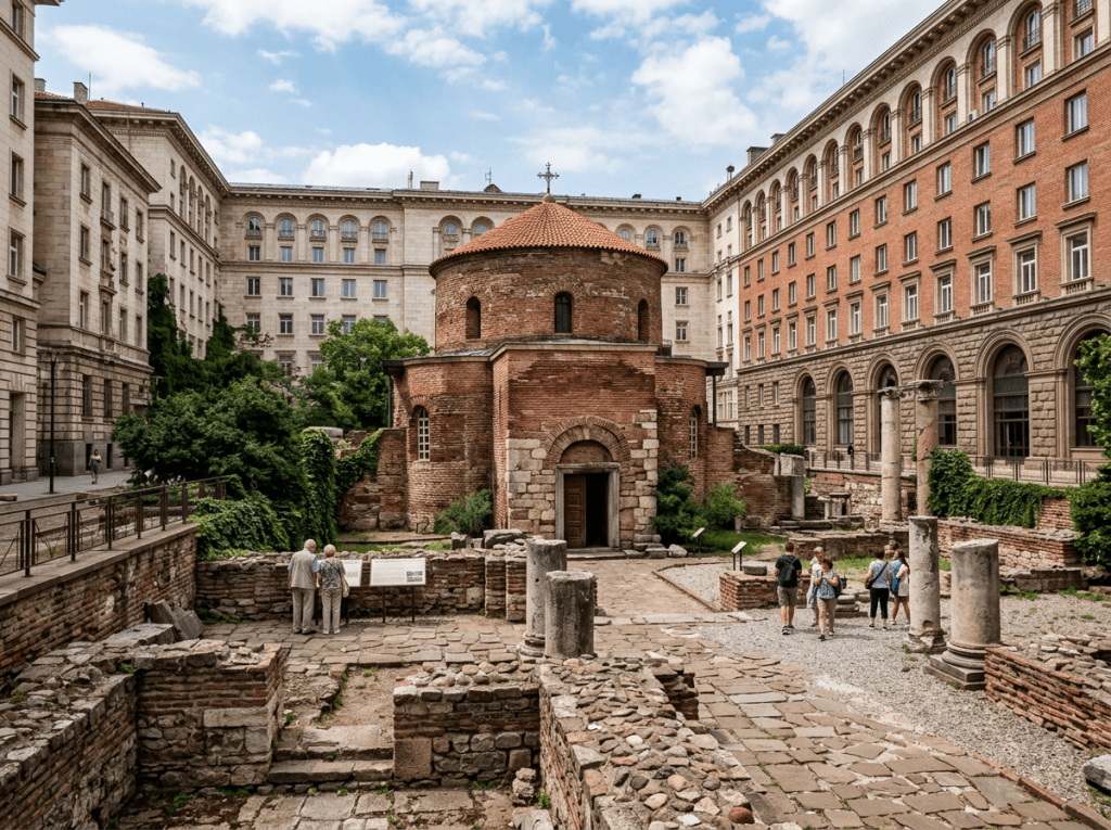 Rotunda of St. George with surrounding ruins and visitors in courtyard