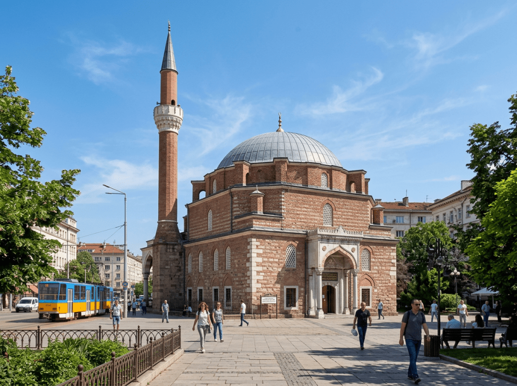 Historic mosque with a large dome and tall minaret surrounded by people and city buildings