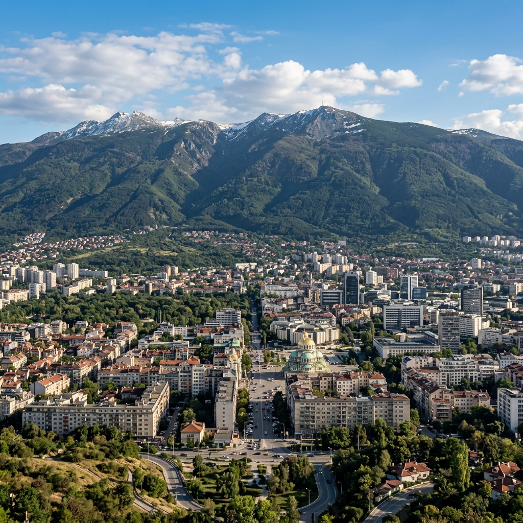 City buildings with streets and green park areas in front of forested mountains topped with snow