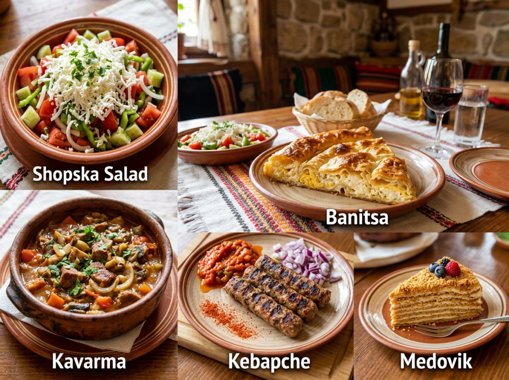 Shopksa salad, banitsa, kavarma, kebapche, and medovik dessert on plates