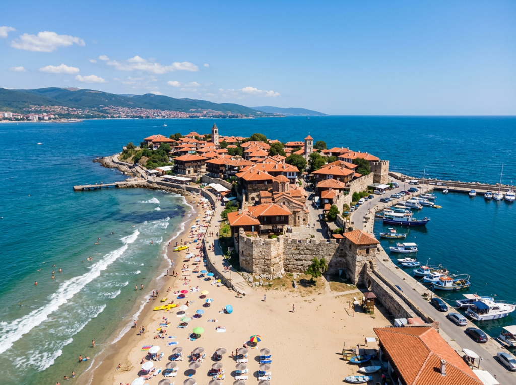 Historic town with red-roofed buildings on a peninsula, sandy beach with umbrellas, and boats docked in a harbor
