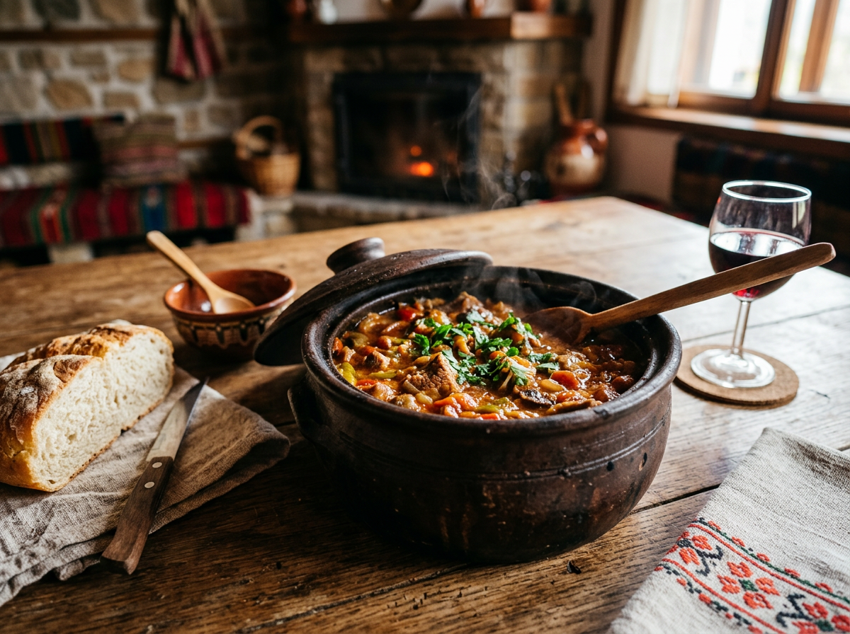 Clay pot with steaming vegetable and meat stew, sliced bread, and a glass of red wine on wooden table