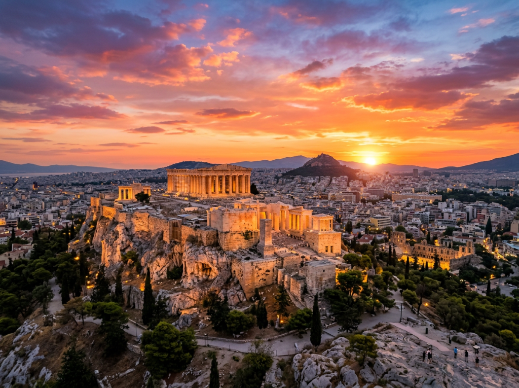 Ancient Acropolis hill with Parthenon temple illuminated at sunset