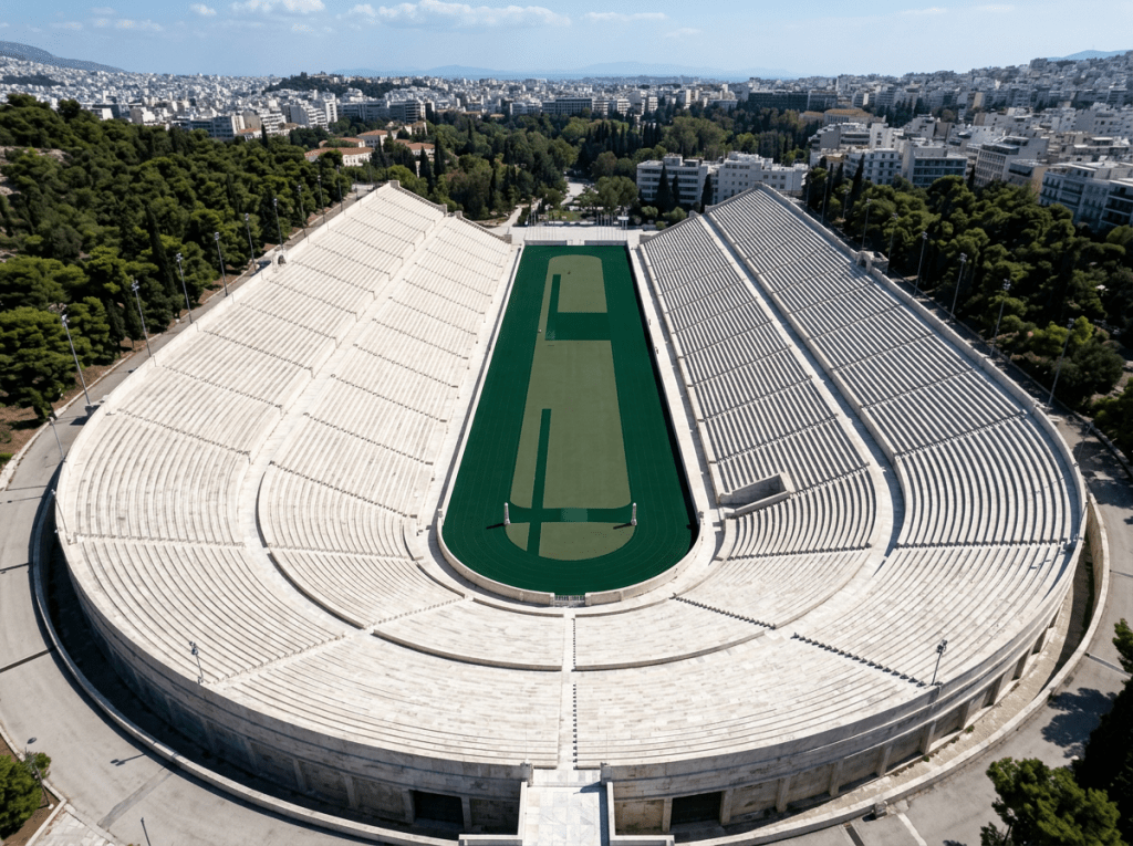 Panathenaic Stadium with marble seating and athletics track surrounded by trees and cityscape
