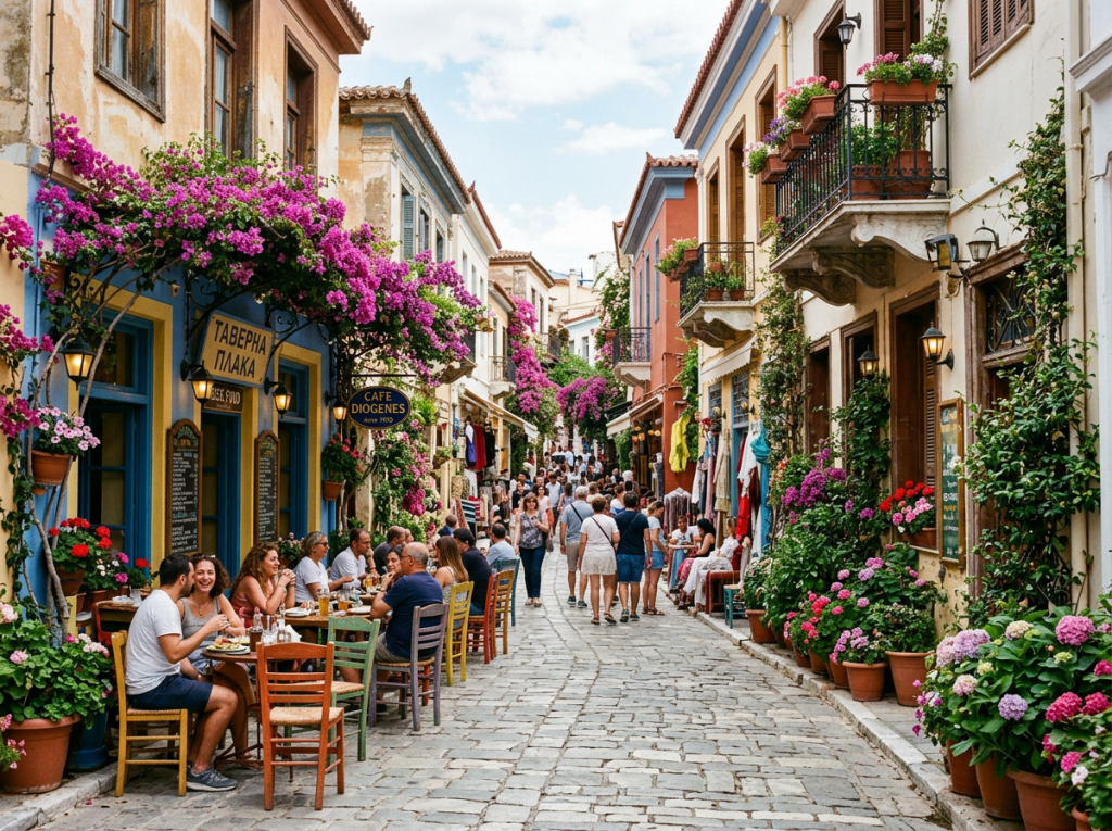 Crowded narrow street with outdoor café seating and vibrant flowering plants