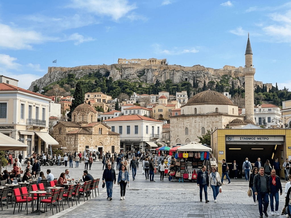 Monastiraki Square in Athens with people walking, sitting at outdoor cafes, historic buildings, and Acropolis on hilltop