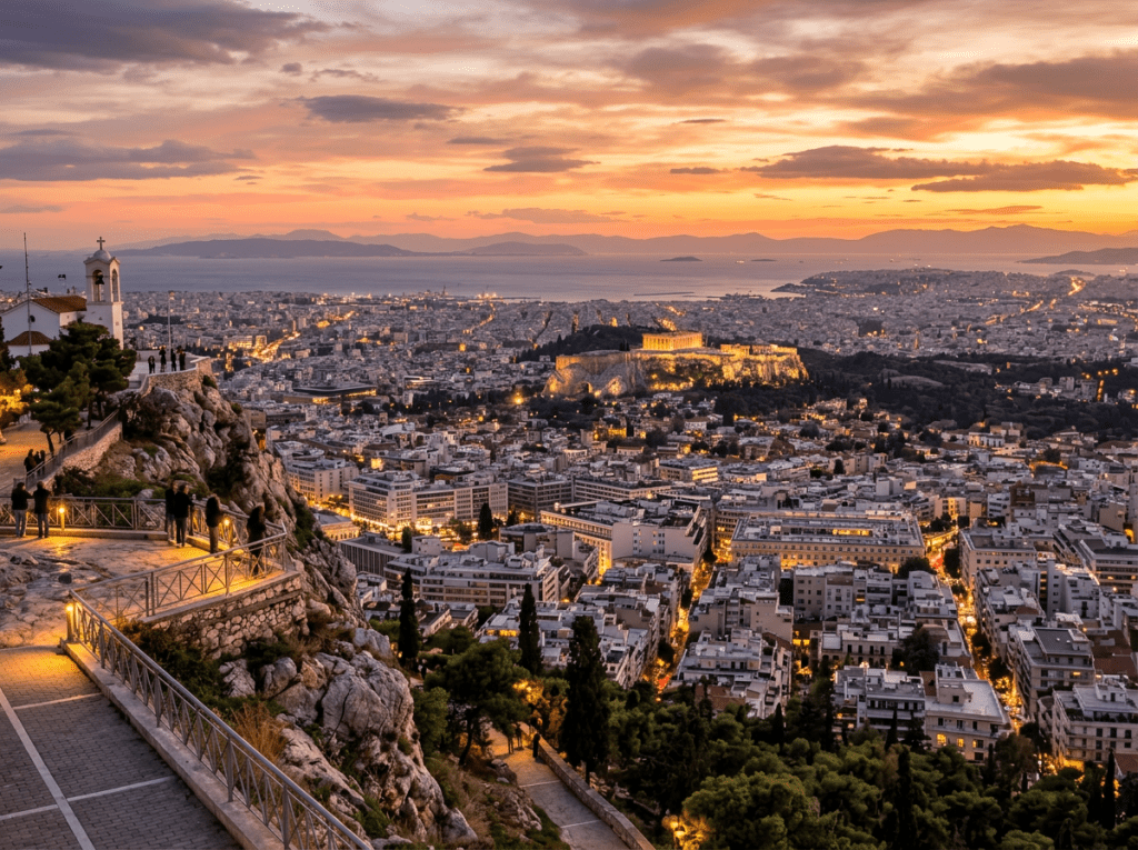 Panoramic view of Athens city at sunset with lit Acropolis and distant sea