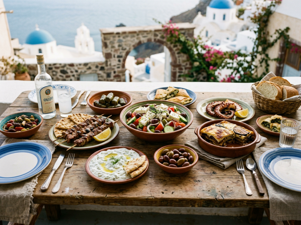 Table with Greek salad, grilled skewers, olives, bread, and ouzo with a seaside village view