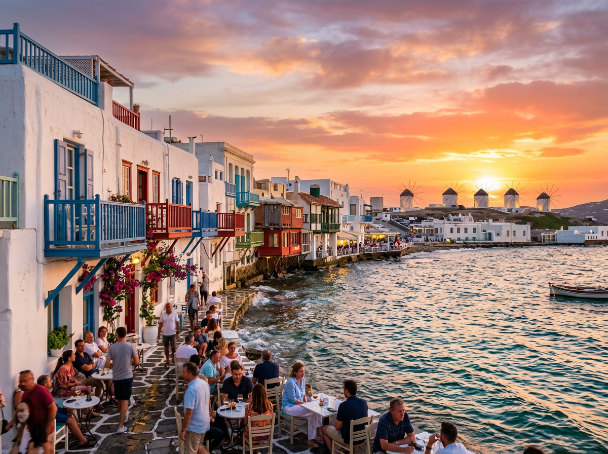 Outdoor tables with people dining by the sea in front of colorful buildings with windmills in the background at sunset