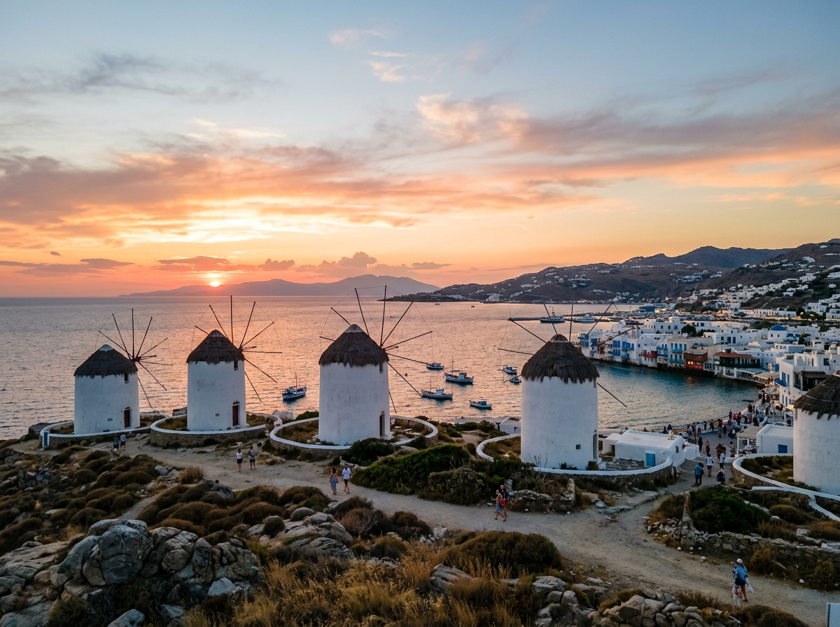Five traditional white windmills with thatched roofs near Mykonos harbor at sunset