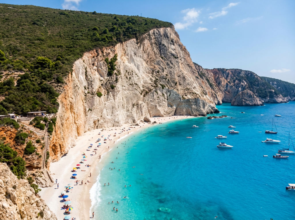 Sandy beach with umbrellas and swimmers by clear blue sea, cliffs in background