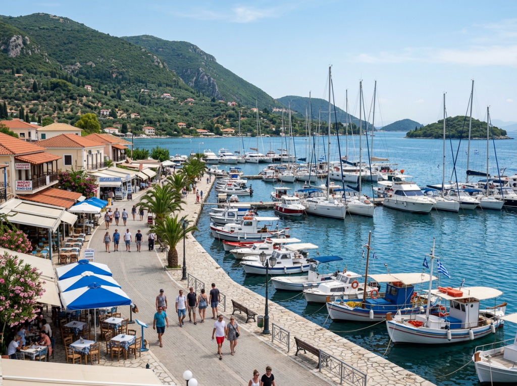 Seaside promenade with people walking, palm trees, boats docked in harbor, and waterfront cafes