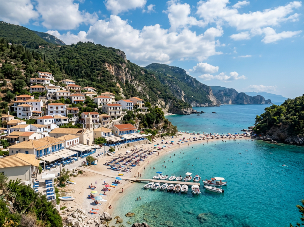 Coastal village with sandy beach, clear turquoise sea, boats docked at pier, and hillside houses