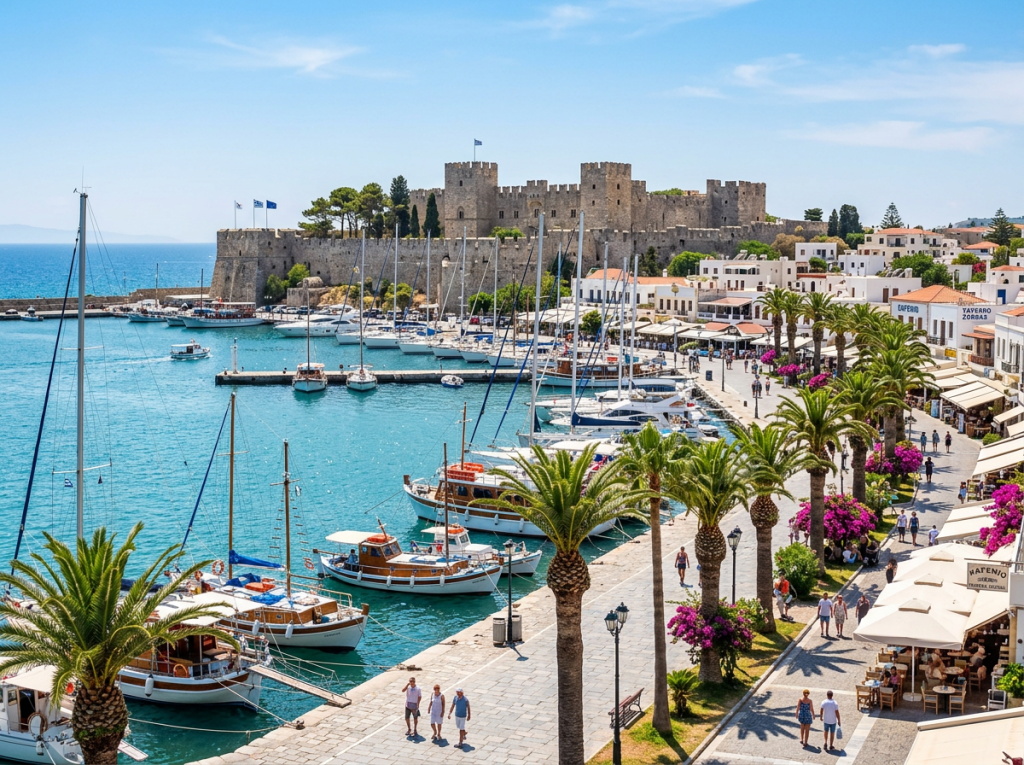 Marina with sailboats docked and a stone castle in the background under clear sky