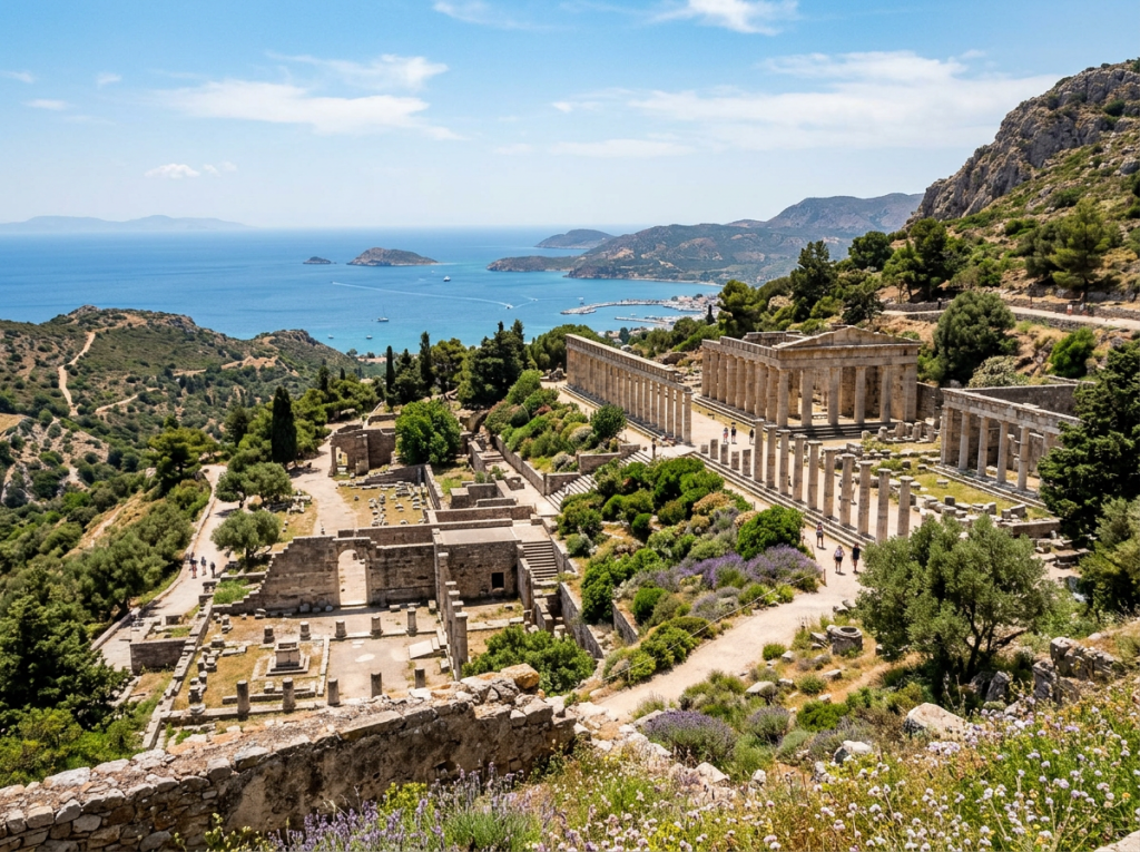 Ruins of ancient Greek temple complex on hillside overlooking the sea and islands