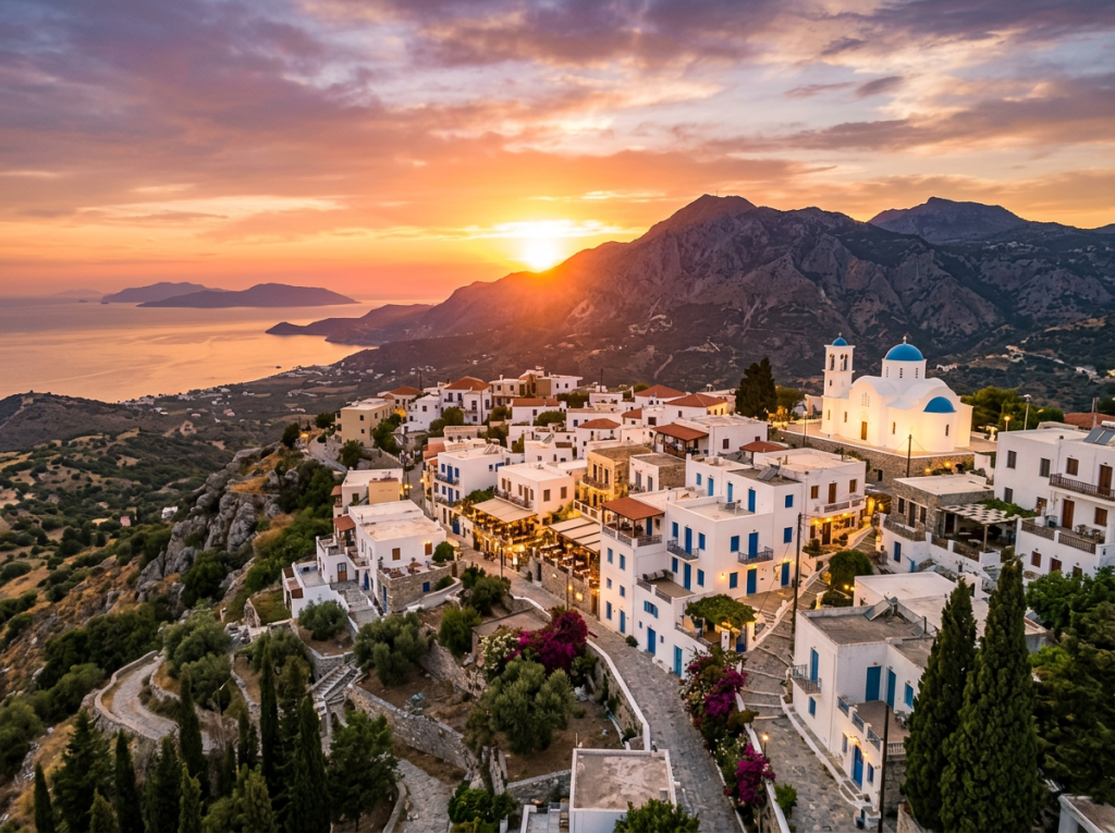 Santorini village with white houses and blue-domed church at sunset