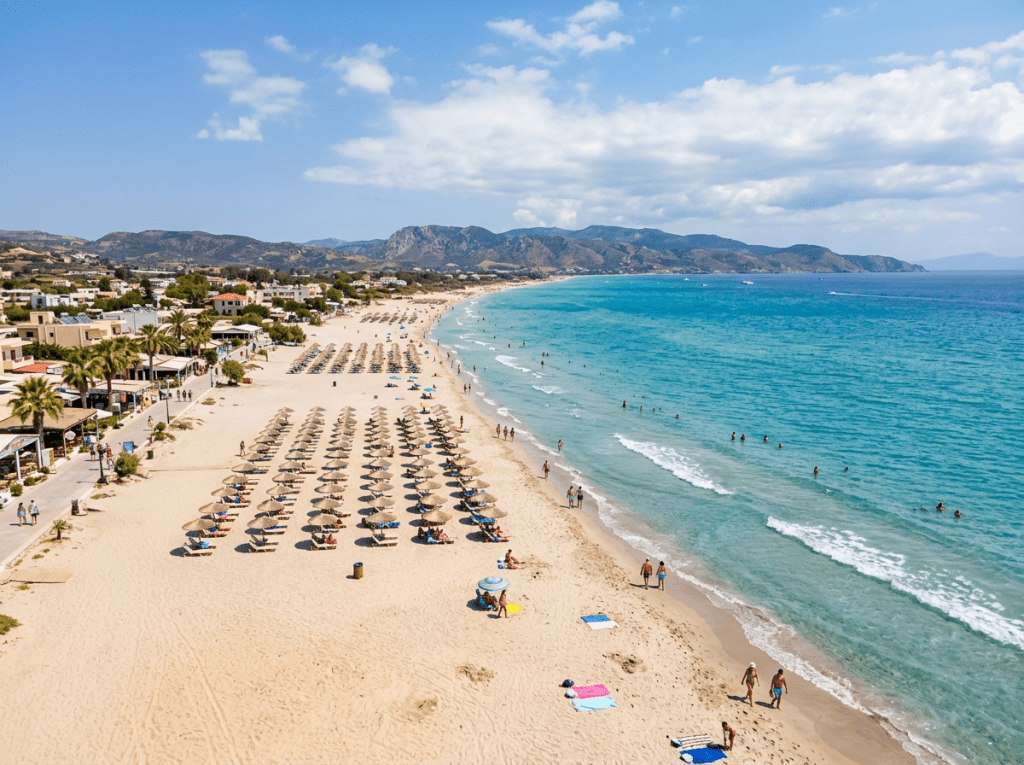 Sandy beach with rows of straw umbrellas, people sunbathing and swimming, and mountainous coastline