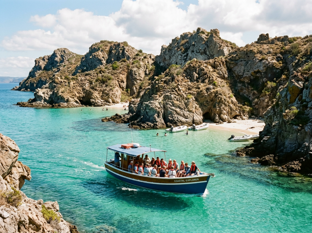 Boat tour near rocky islands and turquoise coves