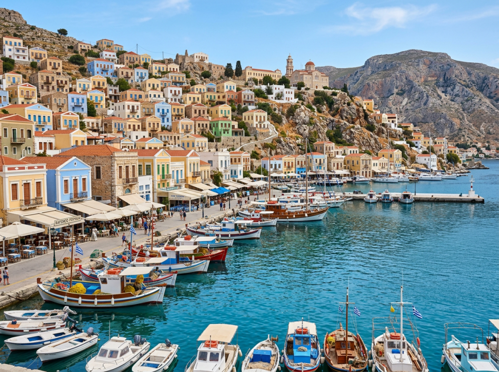 Mediterranean harbor with colorful houses and numerous boats docked by the water