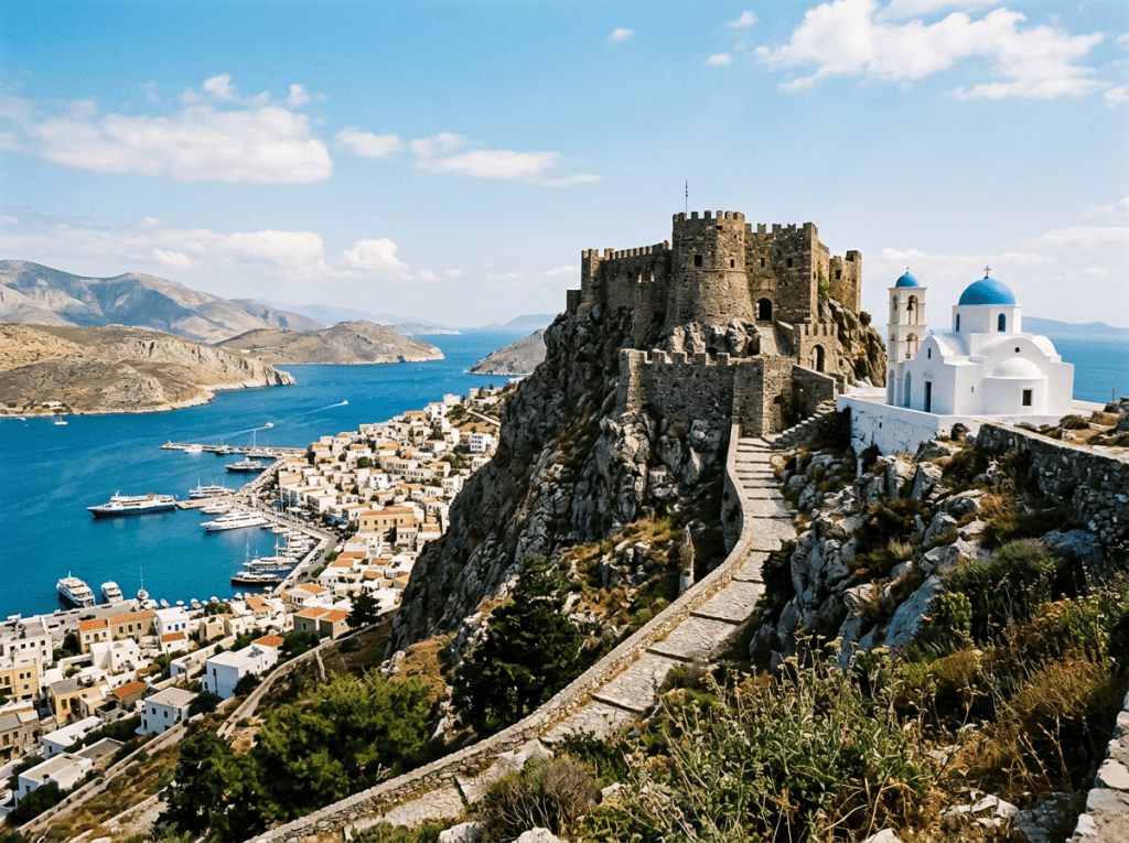 Ancient stone castle on a hill with a white church with blue domes overlooking a coastal town and harbor