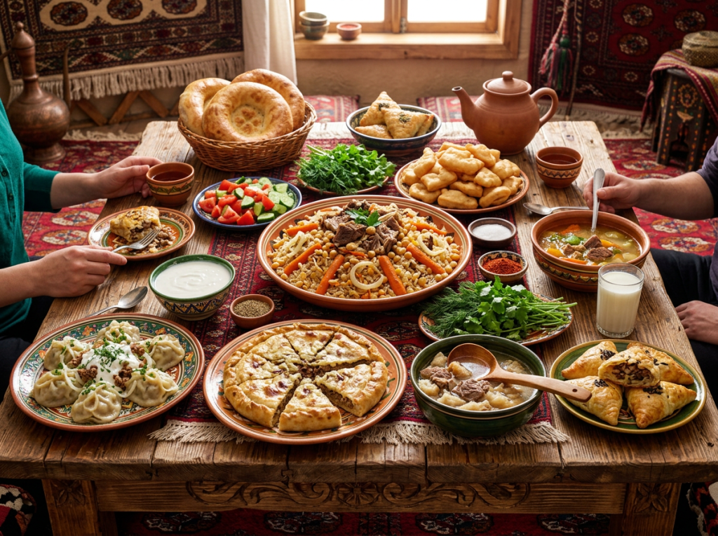 Wooden table with various traditional Central Asian dishes including plov, samsa, soup, bread, and tea