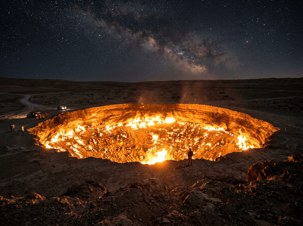 Large burning crater in desert with visible flames and Milky Way overhead at night