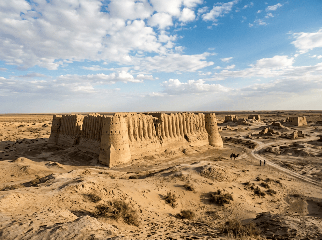 Ruins of a large ancient fortress made of mud with a camel and two people nearby in a desert landscape