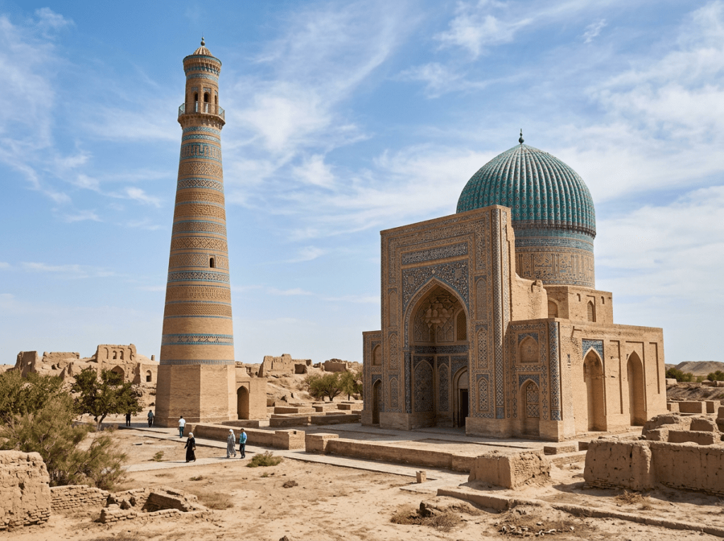 Ancient mosque with blue dome and adjacent tall minaret in desert ruins