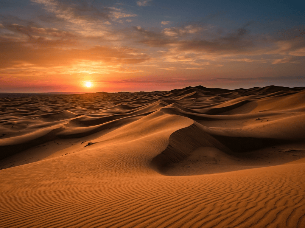 Sun setting over vast sand dunes with ripples under partly cloudy sky