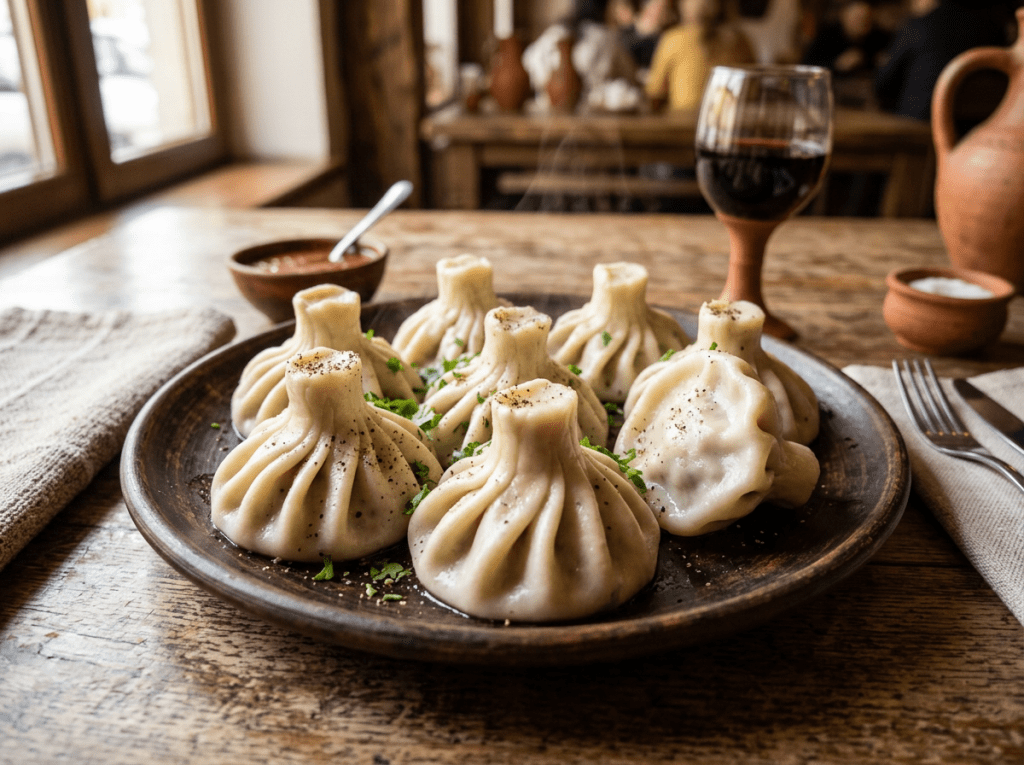Plate with eight steaming khinkali dumplings sprinkled with herbs and pepper