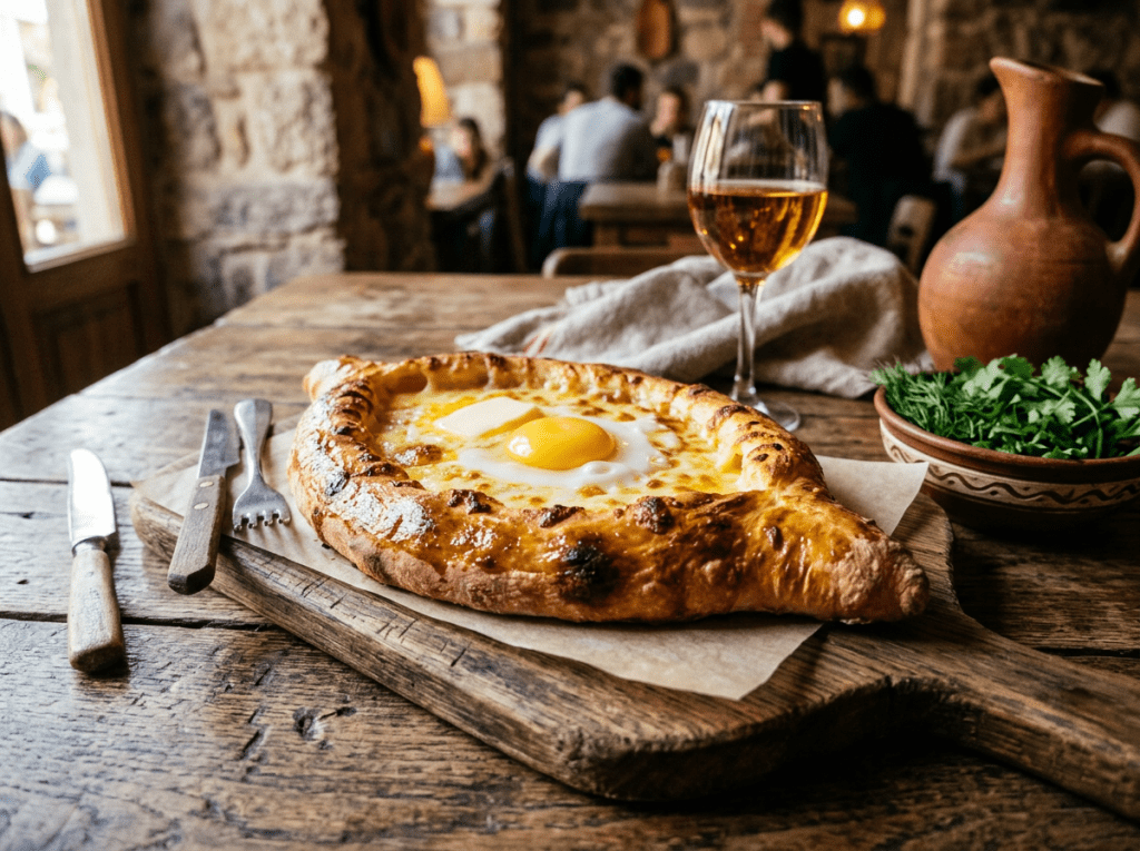 Georgian khachapuri bread with egg and butter on wooden board alongside a glass of wine and bowl of fresh herbs