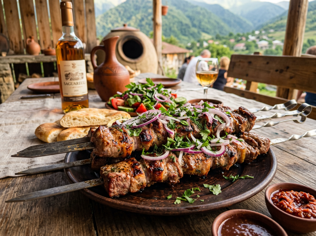 Grilled meat skewers garnished with sliced onions and herbs on a wooden plate with bread, salad, and a bottle of wine