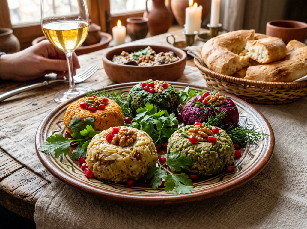 Five colorful Georgian appetizers garnished with walnuts and pomegranate seeds on a ceramic plate with herbs, rustic bread and a glass of white wine on wooden table