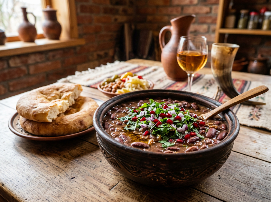 Bowl of Georgian bean stew with herbs and pomegranate seeds, bread and drink on wooden table
