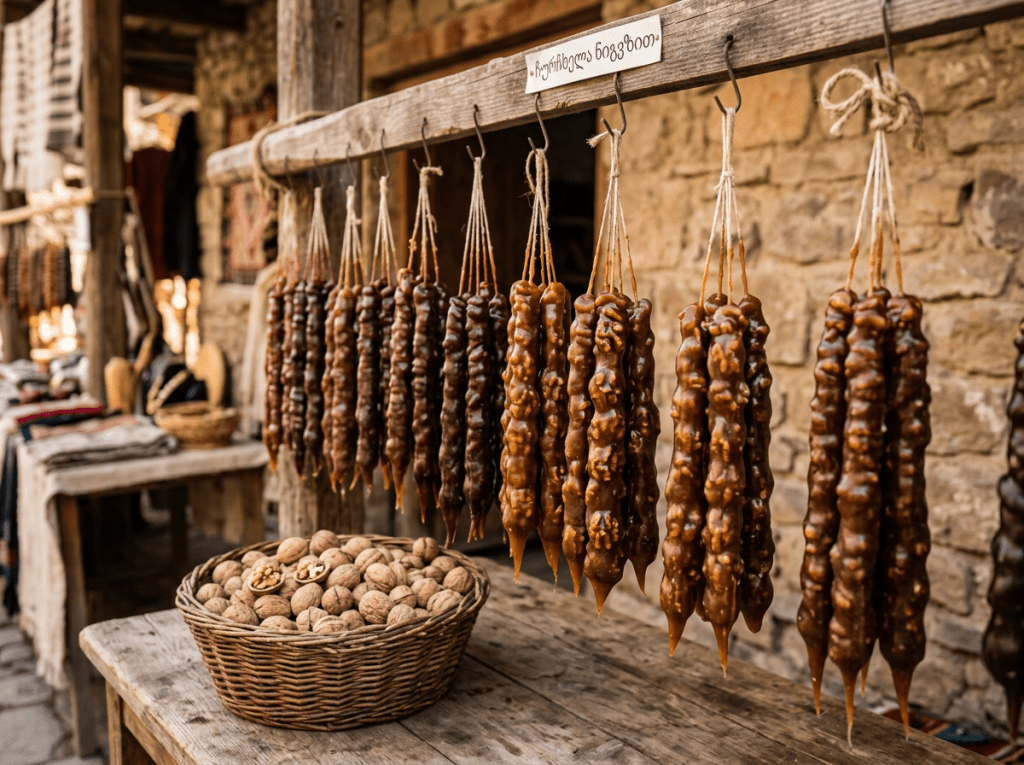 Multiple churchkhela hanging on strings with a basket of walnuts on a wooden table