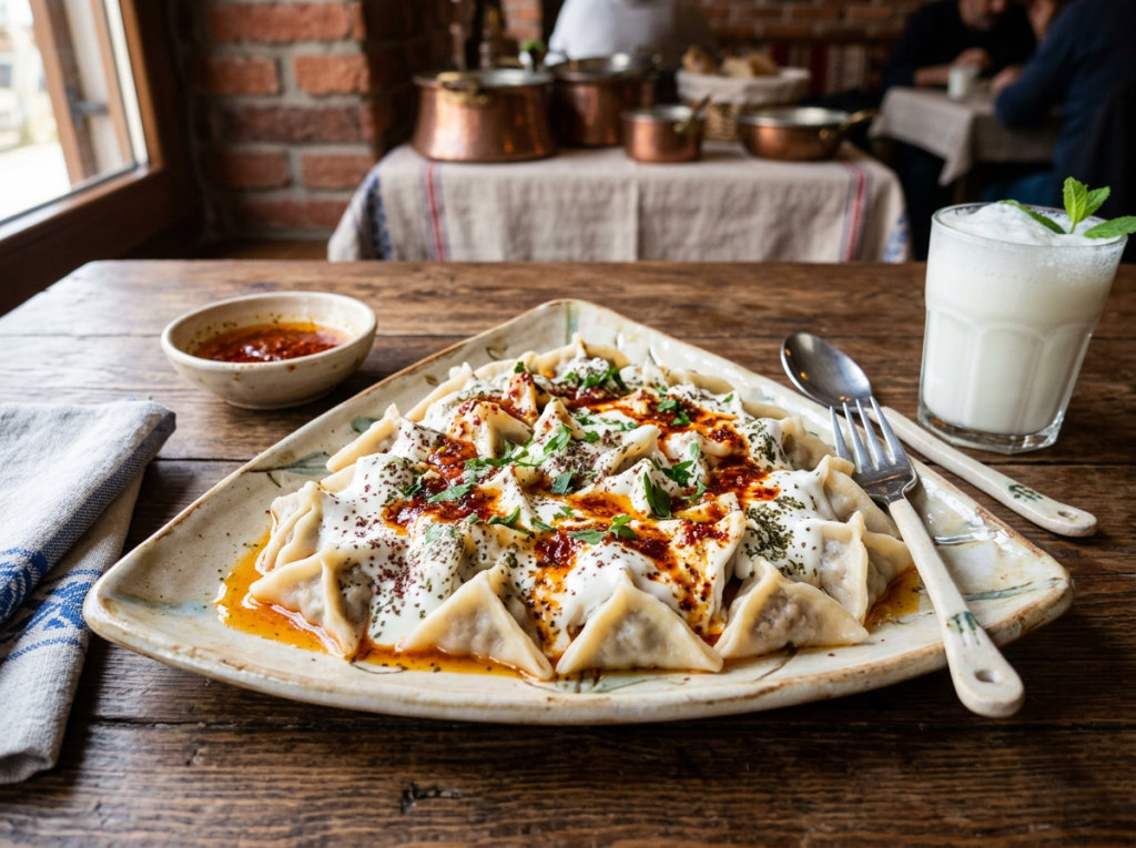 Turkish mantı dumplings topped with yogurt, spices, and herbs on a ceramic plate with a glass of ayran